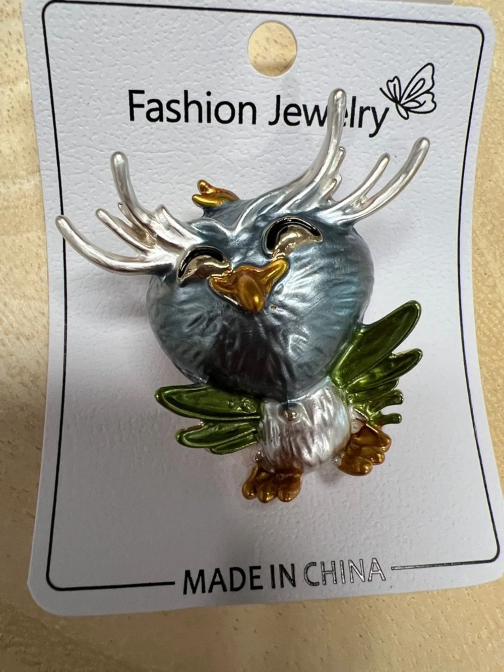 3/$18 Fashion Jewelry Green & Silver Owl Brooch - Unbranded Lot 7021